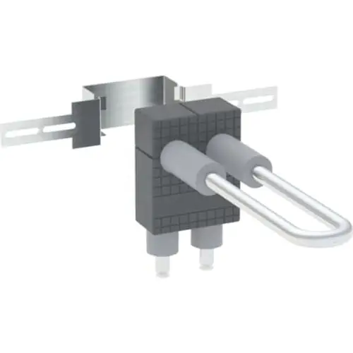 Montierte Anschlussbox mit zwei Verbindungsschläuchen. Verwendung in Sanitärinstallationen, möglicherweise von Geberit. Bietet Anschlussmöglichkeiten für Rohrsysteme.