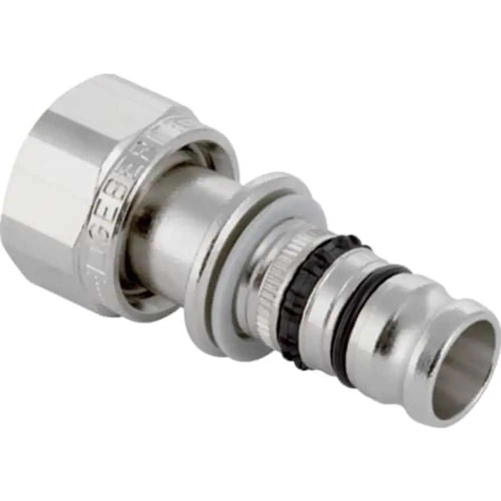 Geberit Anschlussstück mit Überwurfmutter, aus Metall, mit Dichtungen. Geeignet für die Verbindung von Rohrleitungen in Sanitärinstallationen.