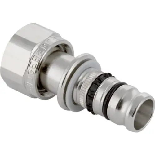 Geberit Anschlussstück mit Überwurfmutter, aus Metall, mit Dichtungen. Geeignet für die Verbindung von Rohrleitungen in Sanitärinstallationen.