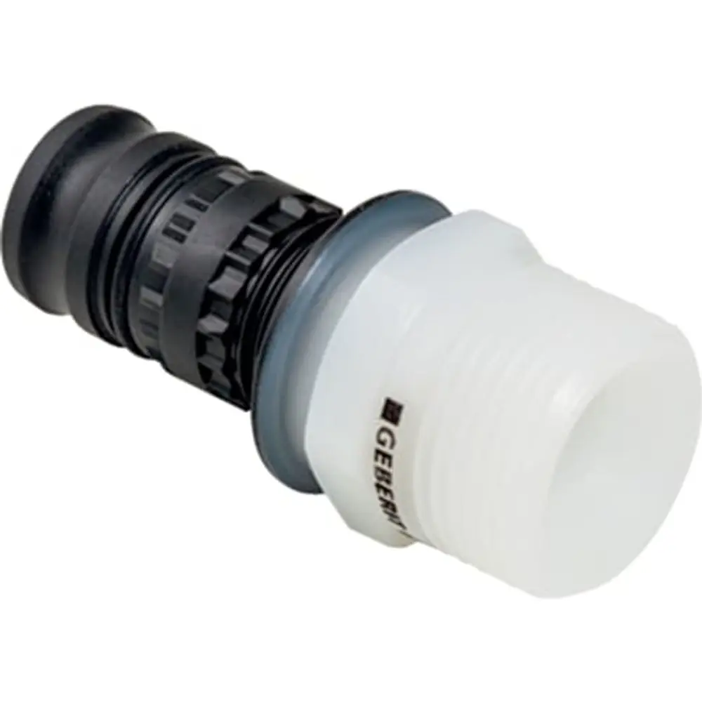 Geberit Übergangsstück mit Außengewinde, geeignet für Rohrverbindungen, aus schwarzem und transparentem Material.