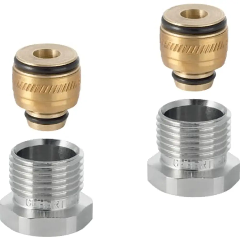 Geberit Anschlussverschraubungen mit Außengewinde, bestehend aus Metall und mit integrierten O-Ringen, zur Verbindung von Rohrleitungen.