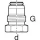 Mepla Anschlussverschraubung mit Außengewinde, dargestellt in technischer Zeichnung. Geeignet für Geberit Systeme. Diagramm mit G- und d-Maßangaben.