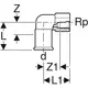 Geberit Übergangswinkel mit Innengewinde in 90°-Form, dargestellt in einem technischen Diagramm mit Maßangaben und spezifischen Dimensionen.