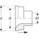 Geberit Saugdüse aus C-Stahl für Einrohrheizung, mit sichtbarem integrierten Anschluss und unterschiedlichen Durchmessern. Technische Details und Formgebung sind schematisch dargestellt.