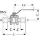 Mapress Edelstahl Kugelhahn mit Betätigungshebel, geflanscht, schematische Darstellung zur Installation. Geberit ist Hersteller des Produktes.