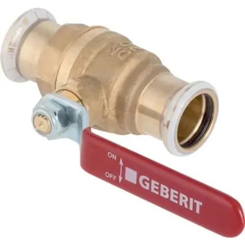 Kugelhahn mit Betätigungshebel, aus Messing, mit rotem Hebel für die Steuerung, gefertigt von Geberit. Ideal für Rohrleitungen in verschiedenen Anwendungen.