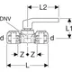 Geberit Kugelhahn mit Betätigungshebel, schematische Darstellung mit Maßen und Anschlussdetails, einschließlich Schnittlinien und Abmessungen.