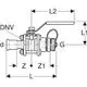 Geberit Kugelhahn mit Betätigungshebel, Schlauchanschluss und geflanschter Konstruktion. Technische Zeichnung zeigt Maße und Anschlussdetails.