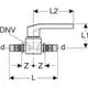 Kugelhahn mit Betätigungshebel, dargestellt in technischer Zeichnung mit Maßen und Anschlussdetails, hergestellt von Geberit.