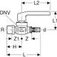 Kugelhahn mit Außengewinde und Betätigungshebel von Geberit, schematische Darstellung mit Maßangaben und Symbolen für Funktionen.