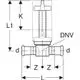 Kugelhahn mit zwei Anschlussteilen und einem oberen Ventilmechanismus. Markierung „DNV“ sichtbar. Geberit steht für Qualität im Bereich Sanitärtechnik.