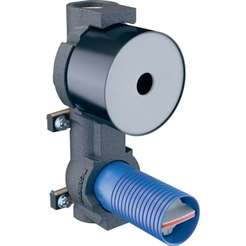 Wasserzählerstrecke mit Kugelhahn von Geberit, ausgestattet mit einem schwarzem Gehäuse und einem blauen Anschluss. Mechanische Komponenten zur Wasserregulation.