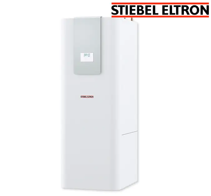 Weißer Speicher von Stiebel Eltron mit einem digitalen Bedienfeld und einer glatten Oberfläche. Das Gerät hat eine rechteckige Form und ist für die Wandmontage geeignet.