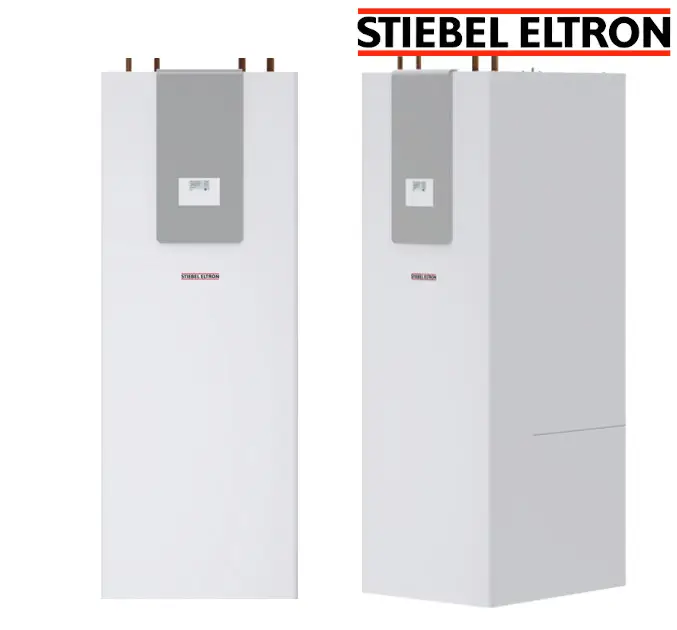 Weißer Integralspeicher von Stiebel Eltron mit zwei Anschlüssen an der Oberseite, rechteckiger Form und einer flachen Frontseite.