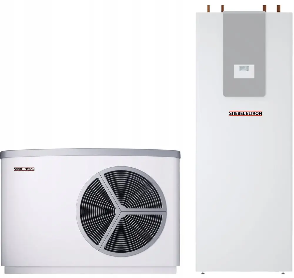 Wärmepumpe mit einem externen Kompressor und integriertem Speicher. Zur Marke Stiebel Eltron, geeignet für Heizungs- und Warmwasseranwendungen.