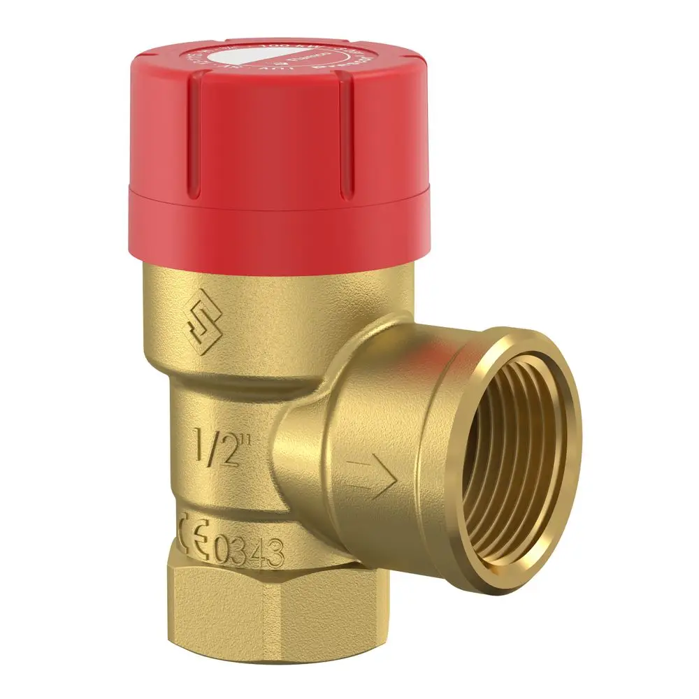 Sicherheitsventil von Flamco mit rotem Oberteil und goldfarbener Unterkonstruktion, ausgestattet mit Gewindeanschlüssen und Richtungspfeil zur Strömungsführung.