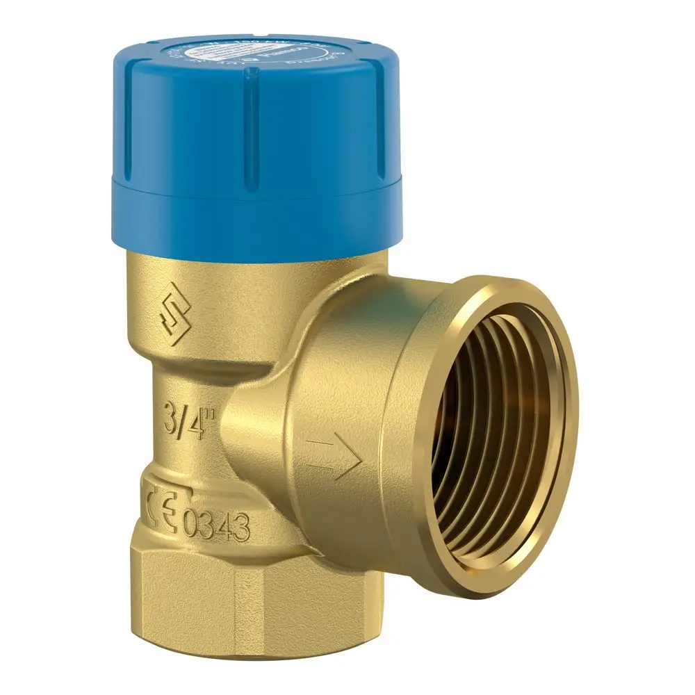 Sicherheitsventil in goldener Metallausführung mit blauem Deckel, geeignet für Trinkwasseranwendungen, erkennbar als Produkt von Flamco.