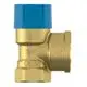 Sicherheitsventil mit einem blauen Deckel und einer Goldbeschichtung, hergestellt von Flamco, für die Anwendung mit Trinkwasser.