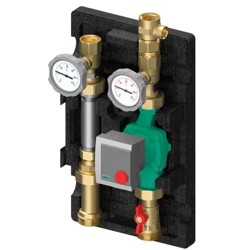 Illustration einer Pumpeneinheit mit Druckmessgeräten, Steuerungseinheit und verschiedenen Anschlussarmaturen auf einem schwarzen Montageblock.