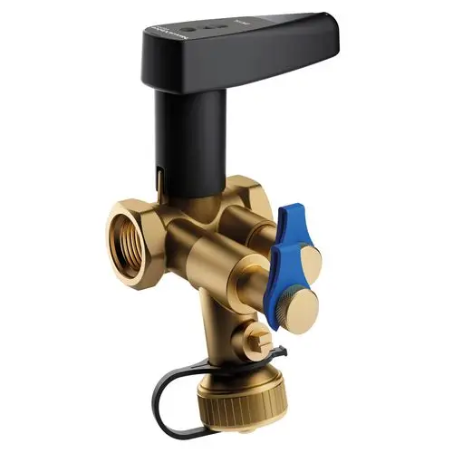 Flamco NexusValve mit einer senkrechten Bauform, ausgestattet mit einer blauen Betätigungs- und Entleerungsfunktion, aus Messing.