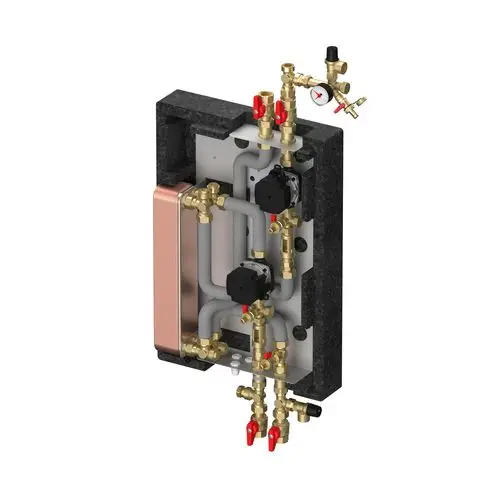 Technische Darstellung einer Heizungsinstallation mit verschiedenen Ventilen, Pumpen und Rohrleitungen in einem kompakten Gehäuse.