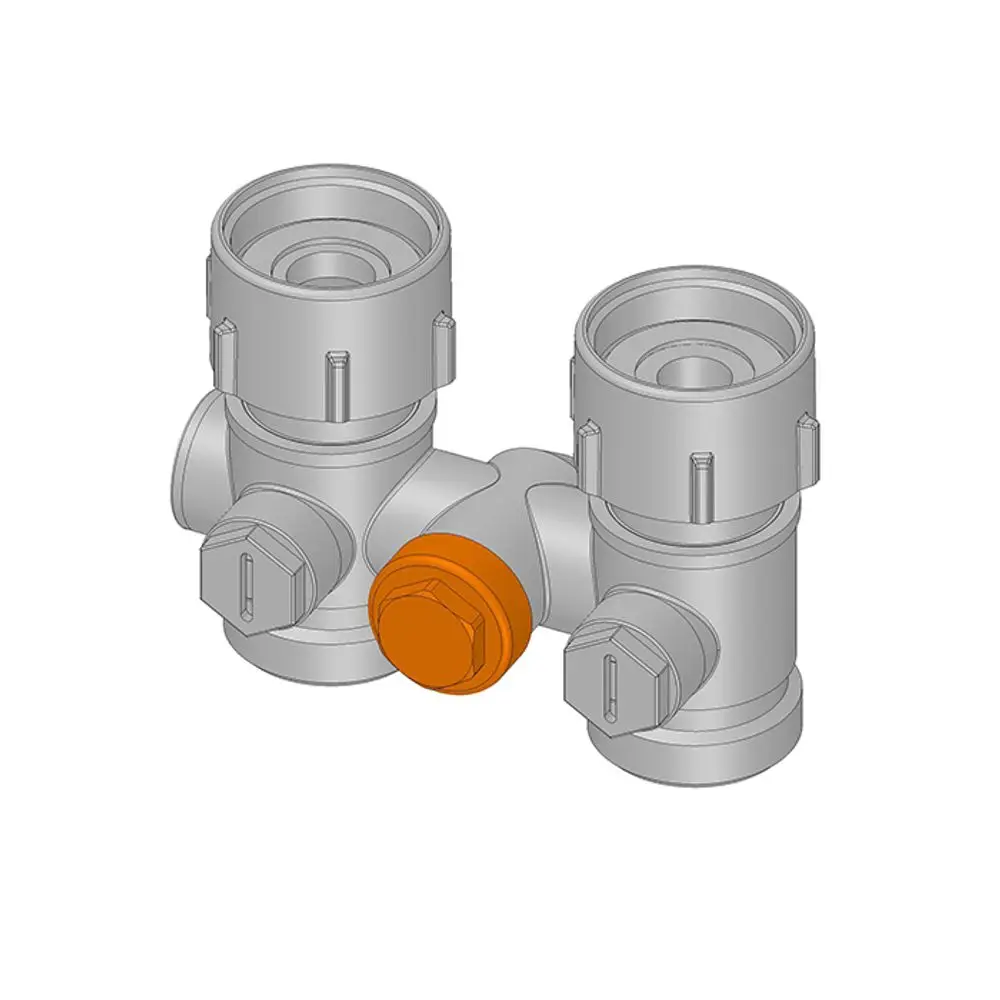 Flamco Produkt, zeigt eine Doppelanschluss-Kappe in graufarbigem Design und runder Form mit einem orangefarbenen Deckel in der Mitte.
