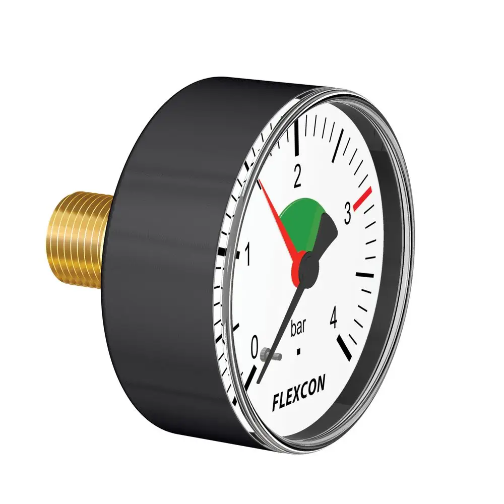 Manometer mit schwarzem Gehäuse und weißem Zifferblatt, markiert mit Flexcon, zeigt Druckwerte in bar an. Der Zeiger steht im grünen Bereich.