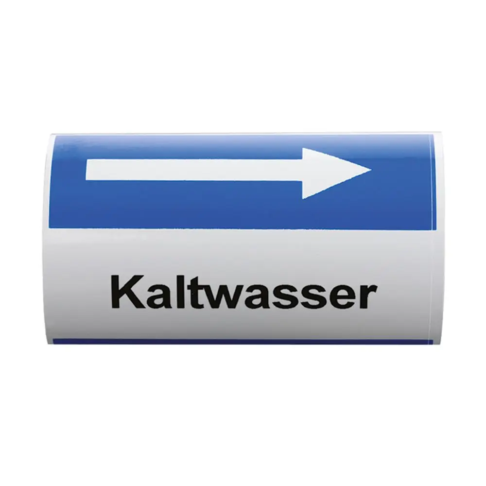 Blaue Richtungstafel mit weißem Pfeil und der Aufschrift "Kaltwasser". Hersteller Flamco. Eignet sich zur Kennzeichnung von Wasserleitungen oder -anschlüssen.