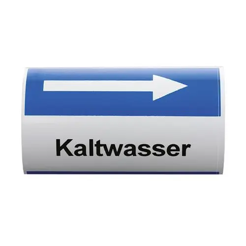 Blaue Richtungstafel mit weißem Pfeil und der Aufschrift "Kaltwasser". Hersteller Flamco. Eignet sich zur Kennzeichnung von Wasserleitungen oder -anschlüssen.