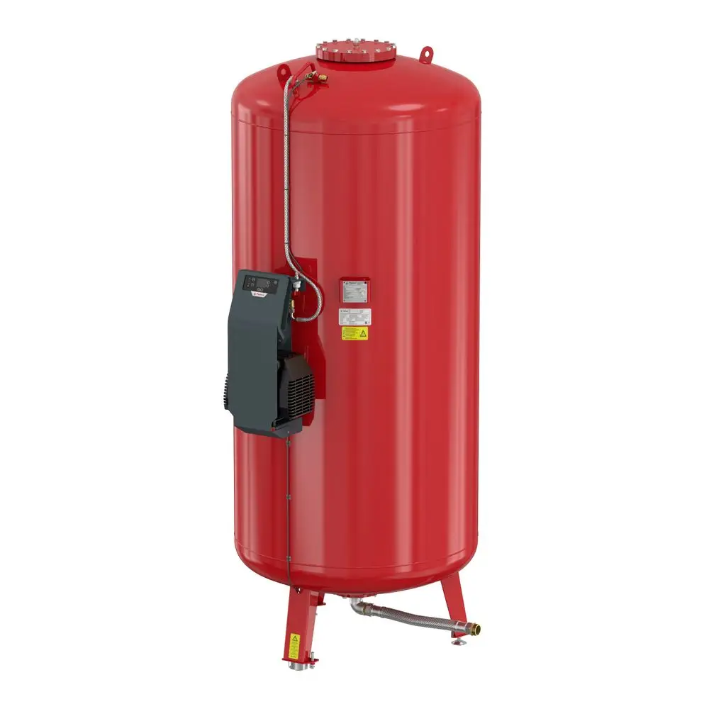 Roter Druckbehälter mit einer kompressorgestützten Einheit und Anschlüssen. Auf der Seite sind technische Daten und das Flamco-Logo zu sehen.