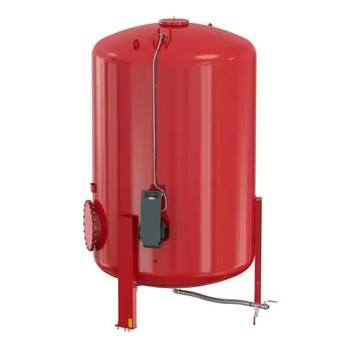 Roter Druckbehälter mit einer vertikalen Bauform. An der Vorderseite sind Anschlussleitungen und ein Steuergerät sichtbar. Produkt von Flamco zur Druckhaltung in Systemen.