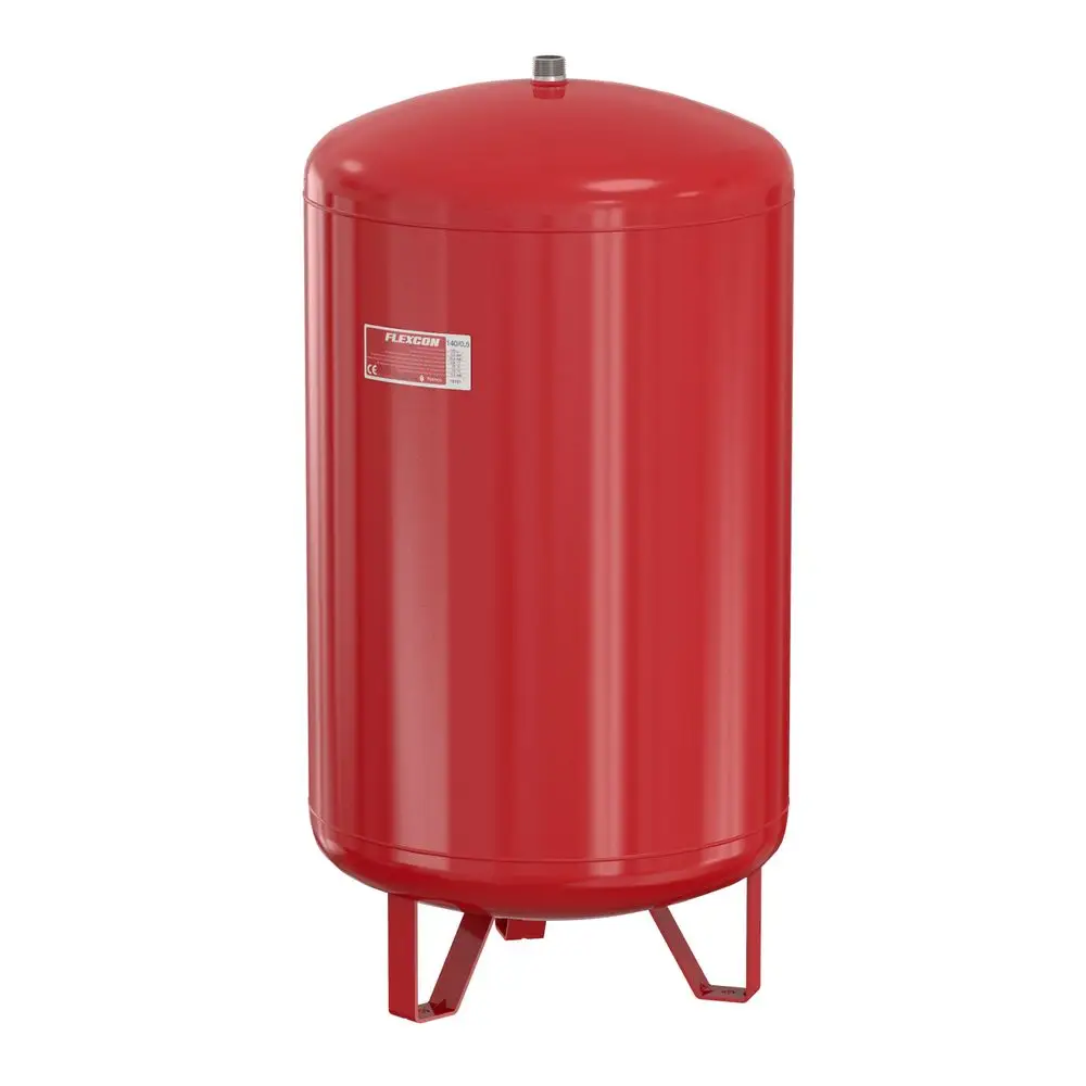 Rotes Ausdehnungsgefäß von Flamco, zylindrische Form mit Standbeinen, versehen mit einem Sicherheitsventil und einem Anschluss oben. Ideal für Heizungs- und Kühlanwendungen.