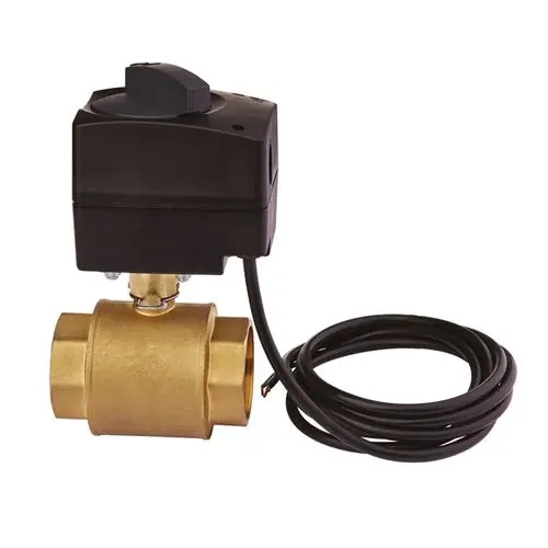 Automatischer Kugelhahn mit schwarzem Gehäuse und goldenem Ventilkörper, ausgestattet mit einem elektrischen Anschlusskabel.
