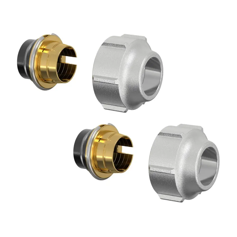 Set von Klemmverschraubungen in verschiedenen Ausführungen, einschließlich einer goldenen und silbernen Variante. Hergestellt von Flamco, geeignet für diverse Anschlussanwendungen.