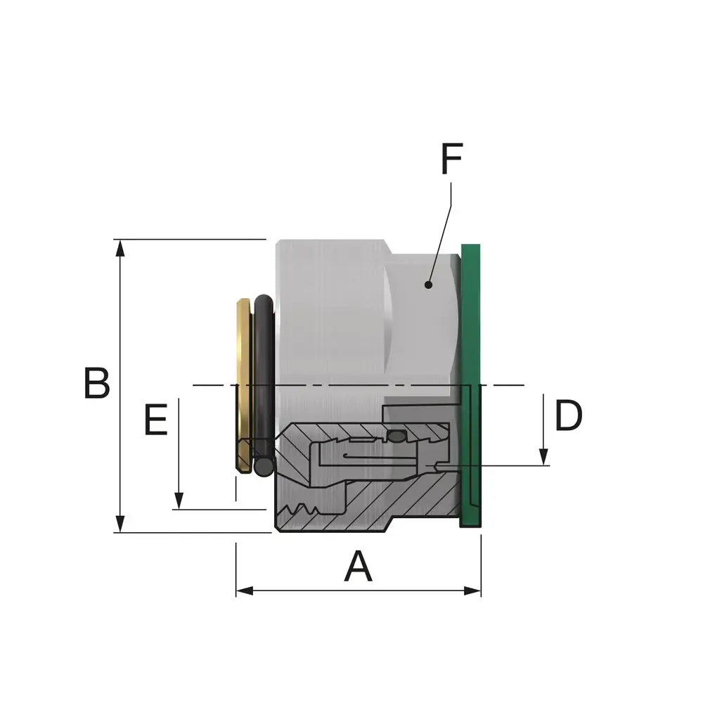 Klemmverschraubung von Flamco, seitlich dargestellt mit technischen Details und verschiedenen Dimensionen. Enthält Maße und Konstruktionselemente in anschaulicher Schnittansicht.