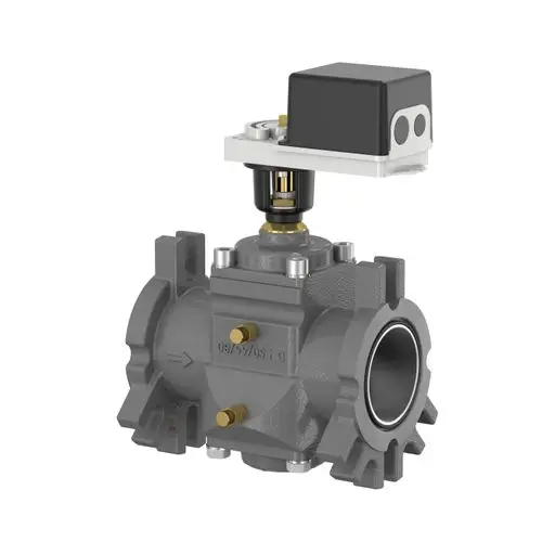 Flamco-Ventil mit rotierenden Armaturen zur Regelung des Durchflusses, ausgestattet mit einem elektrischen Antrieb und einem robusten Gehäuse.
