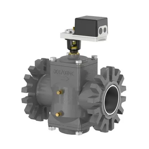 Nexus-Ventil von Flamco, grau, mit Anschlussflanschen und einem elektrischen Aktuator oben. Die Form ist kompakt und eignet sich für verschiedene Anwendungen.