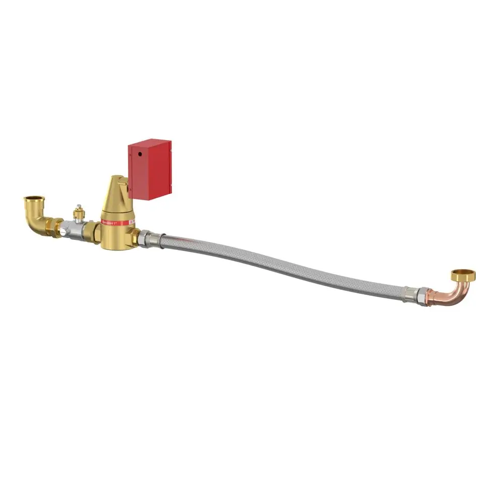 Sensoranschlussgruppe mit einem goldenen Gehäuse, mehreren Rohren und einem roten Anschlusskasten, hergestellt von Flamco.