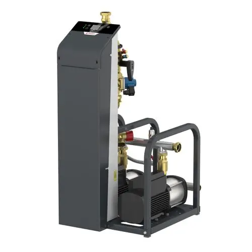Steuermodul von Flamco mit einer grauen Bauweise, ausgestattet mit Anschlüssen, einem Bedienfeld und einem Elektromotor, der zur Regelung von Heiz- oder Kühlsystemen dient.