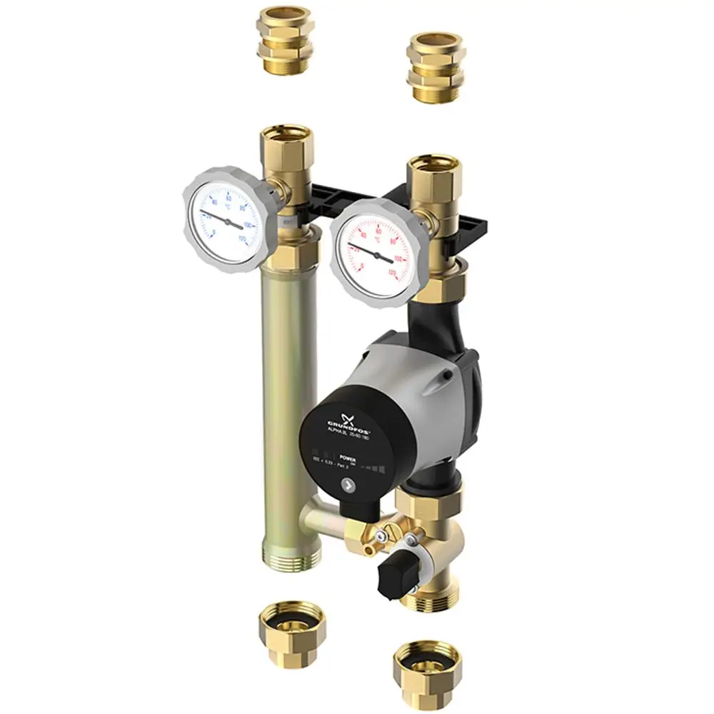 Flamco Montagebaugruppe mit zwei Manometern, einer Pumpe und mehreren Verschraubungen, die für hydraulische Systeme verwendet wird. Komponenten sind in einem modularen Aufbau dargestellt.