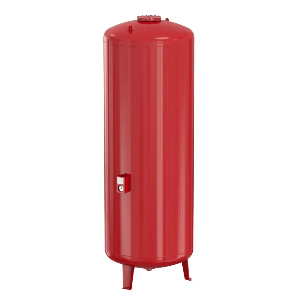 Roter Druckbehälter von Flamco mit zylindrischer Form, einem Ventil und einer Druckanzeige, für Anwendungen in Heizungs- und Kühlungssystemen.