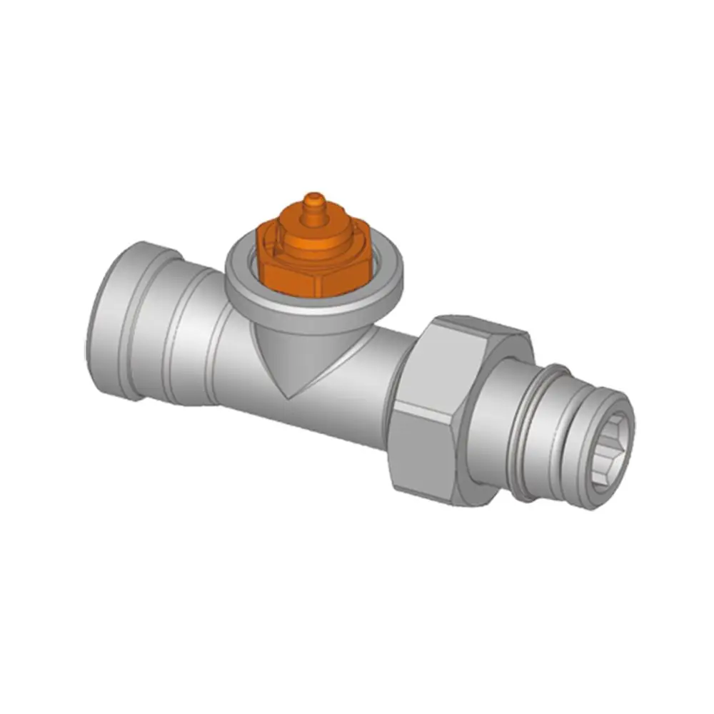Thermostatventileinsatz mit einem orangefarbenen Element, hergestellt von Flamco. Das Produkt hat eine zylindrische Form und zwei Anschlüsse für die Installation.