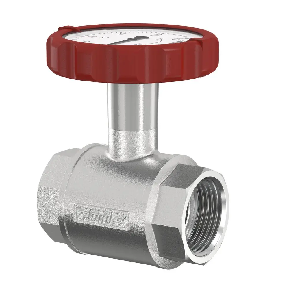 Kugelhahn mit Thermometergriff in Rot, aus Edelstahl, mit Sichtanzeige zur Druckmessung. Markierung „Flamco“ auf dem Körper. Standard-Anschluss für G1 1/2i.