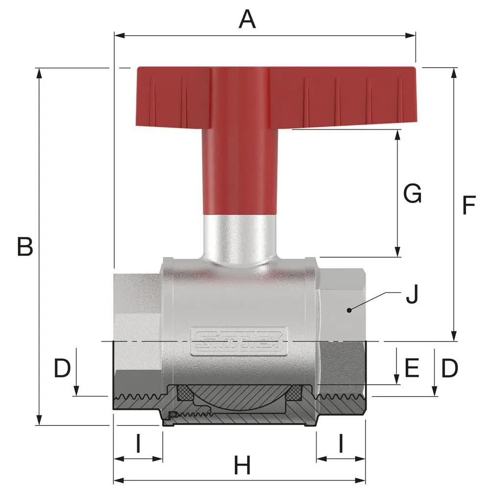Kugelhahn mit Flügelgriff, gefertigt aus verzinktem Messing. Die Illustration zeigt die verschiedenen Maße und Anschlüsse des Produkts. Fluidsystem von Flamco.