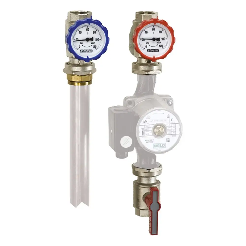 Flamco Pumpen-Armatur mit zwei Manometern, einem transparenten Rohr, einem Gehäuse und einem Absperrventil zur Druckmessung und Regelung.