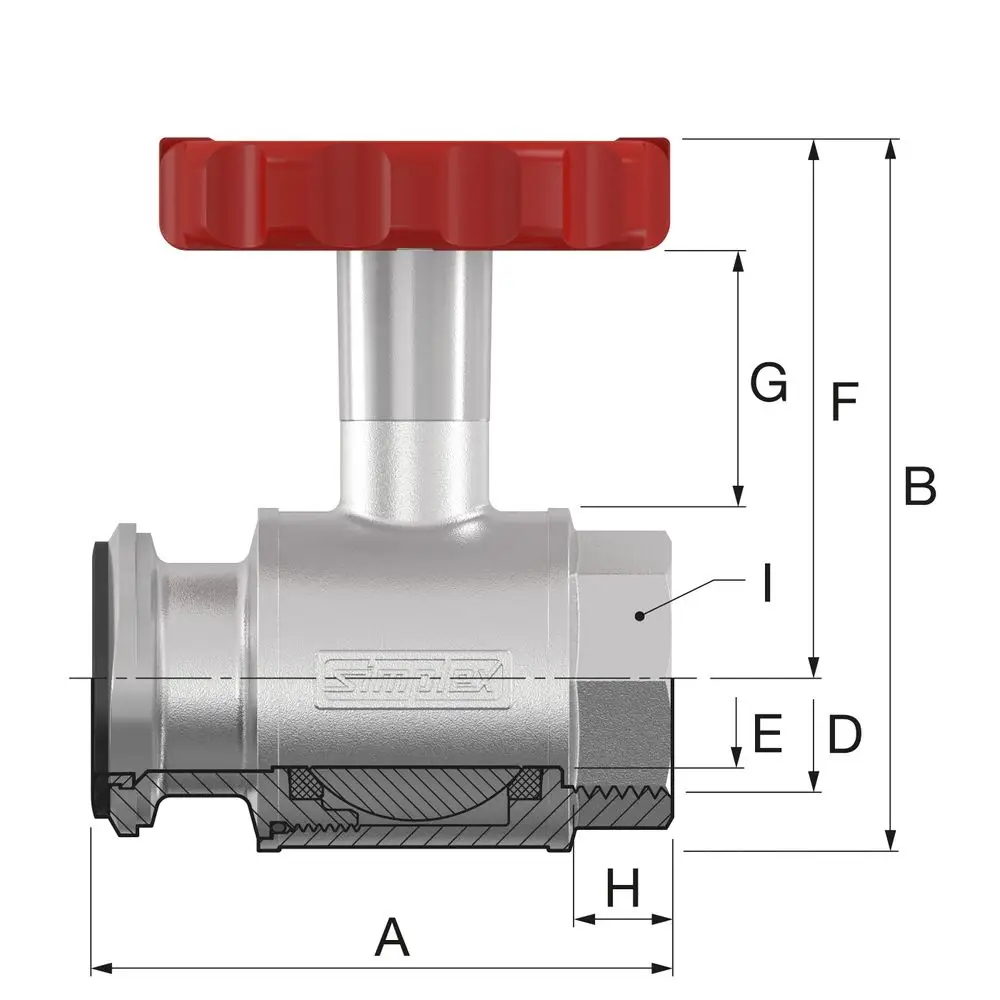 Pumpe mit rotem Thermometergriff, gefertigt von Flamco. Der Rohkörper ist aus Metall und zeigt eine Schnittansicht zur Darstellung der inneren Komponenten.