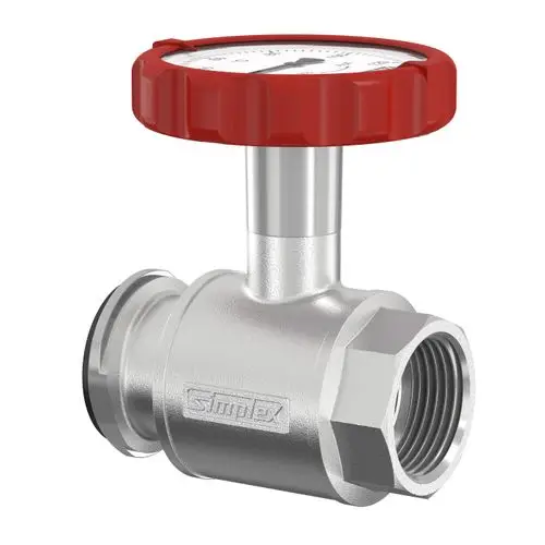 Flamco Ventil mit rotem Thermometergriff und Manometer, gefertigt aus Metall, mit einem Anschluss für Rohrleitungen.