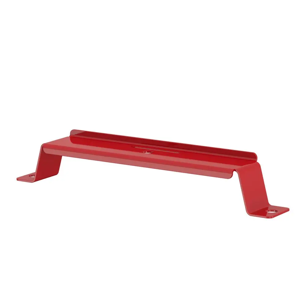 Rotes Metallblech mit abgewinkelten Seiten, geeignet für die Bodenaufstellung von Flamco-Produkten. Es hat mehrere Löcher zur Befestigung.