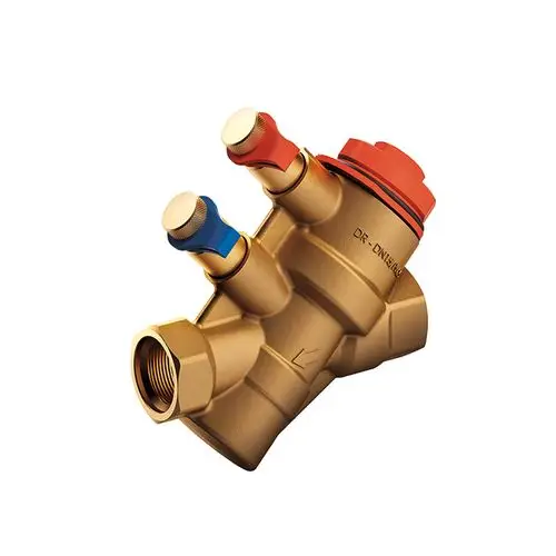 NexusValve mit zwei Reglern für Temperatureinstellung, aus Messing, zur Regelung von Wasserflüssen. Geeignet für Anwendungen von Flamco.