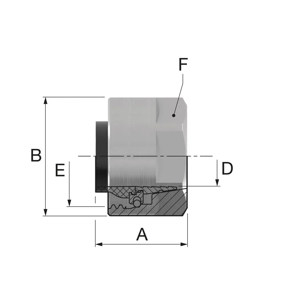 Klemmverschraubung von Flamco in seitlicher Ansicht, mit Maßlinien zur Kennzeichnung der Dimensionen A, B, D, E und F. Darstellung des Schnitts zur Veranschaulichung des Aufbaus.
